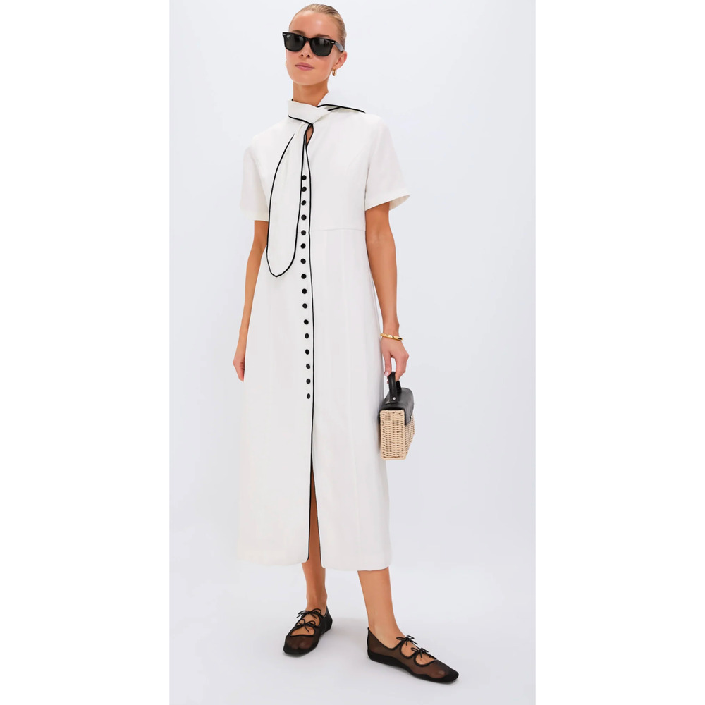 Tuckernuck White Midi Dress Black Trim Scarf Tie Button Front NWT M